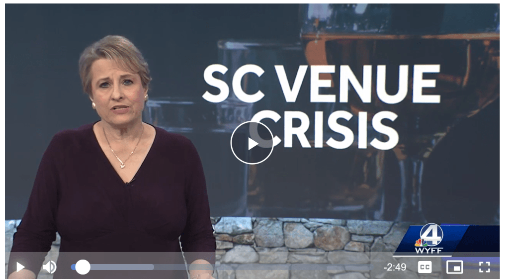 Screenshot of WYFF news, Carol Clarke on screen with story about  SC Venue Crisis